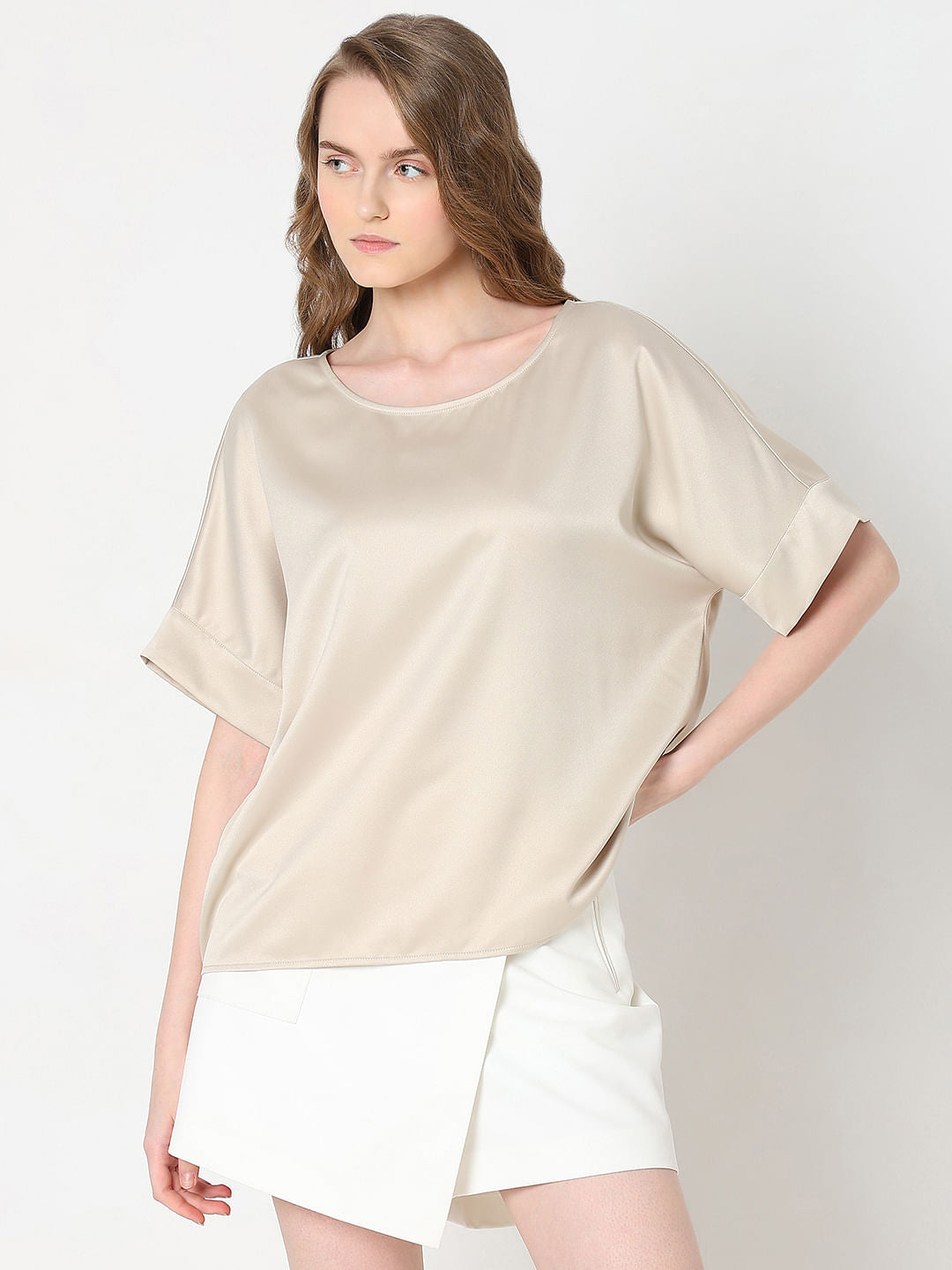 Beige Satin O-Neck Top