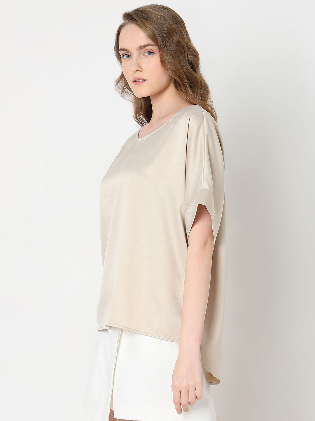 Beige Satin O-Neck Top