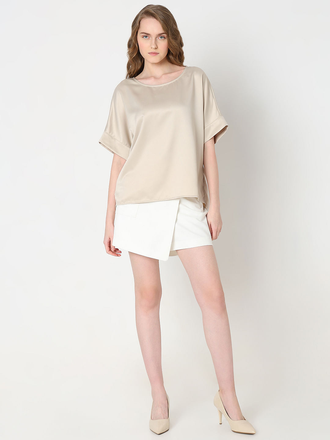 Beige Satin O-Neck Top