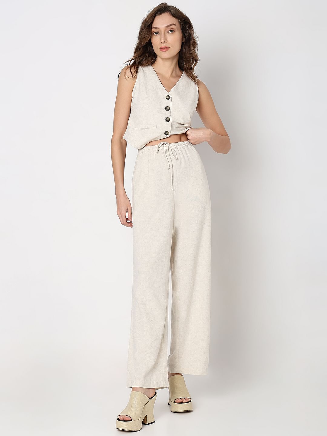 Beige High Rise Linen Co-Ord Set Pants