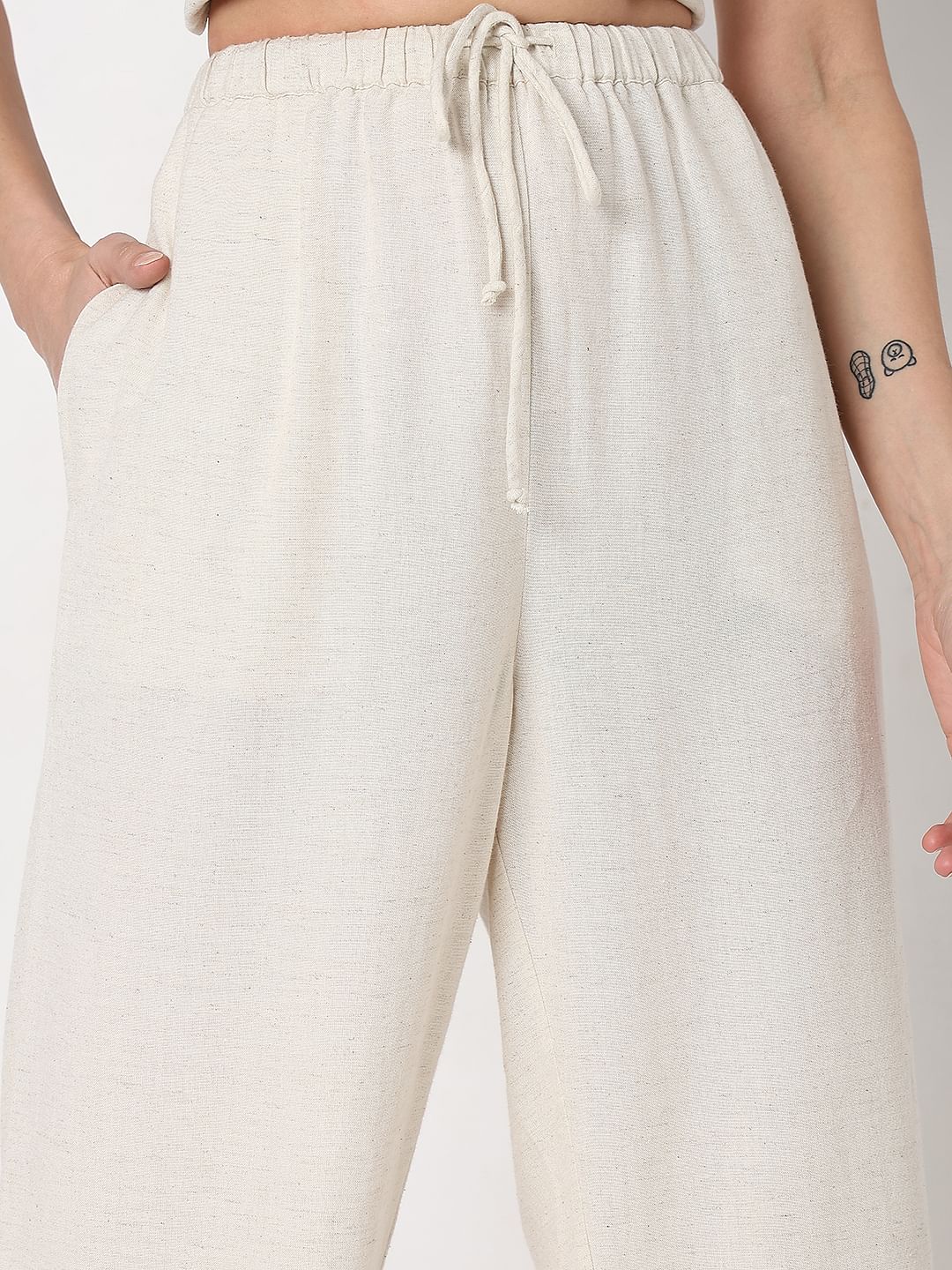 Beige High Rise Linen Co-Ord Set Pants