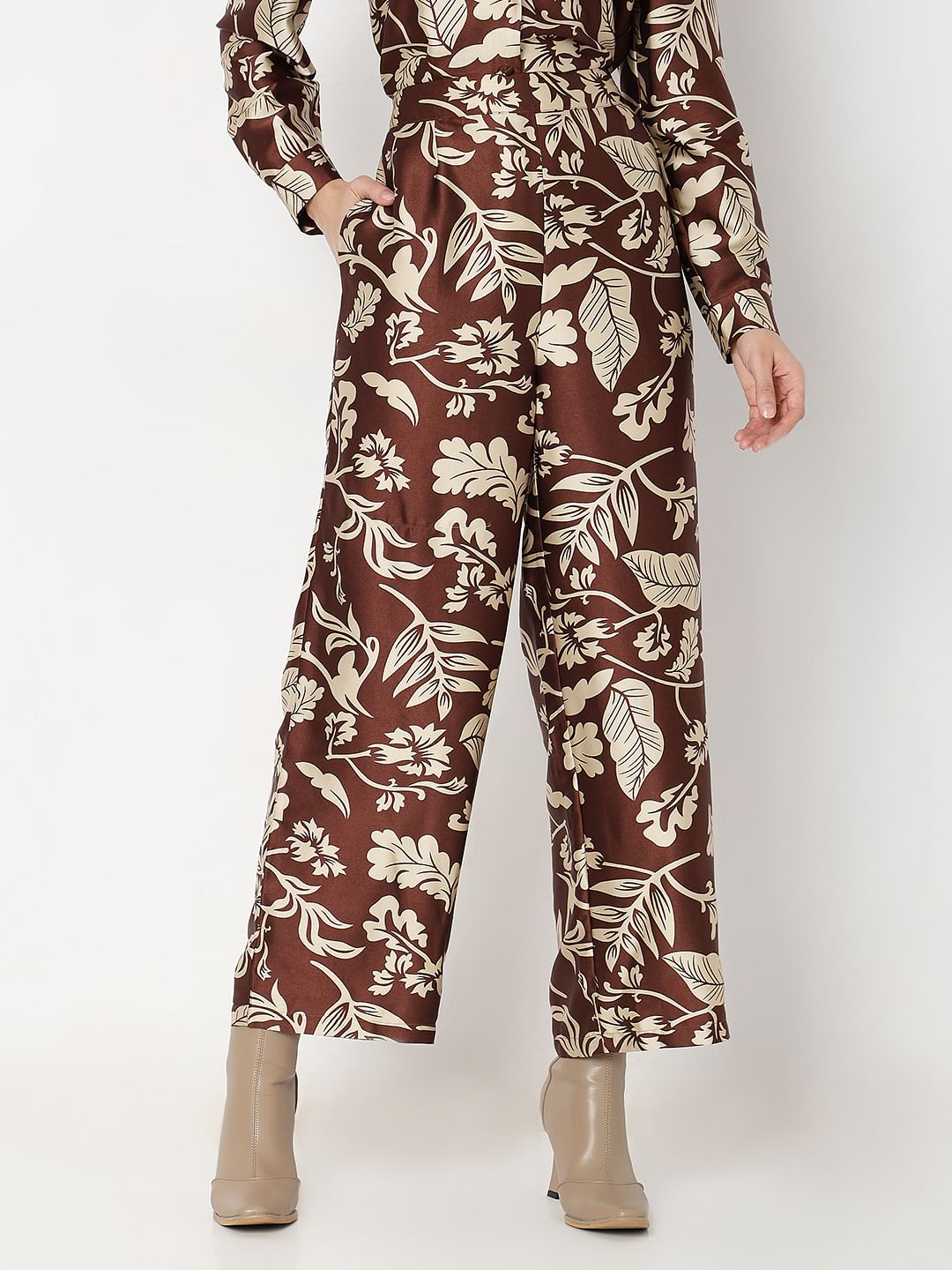 Brown Printed Satin Co-Ord Set Pants