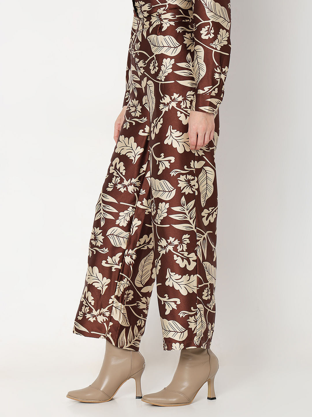 Brown Printed Satin Co-Ord Set Pants