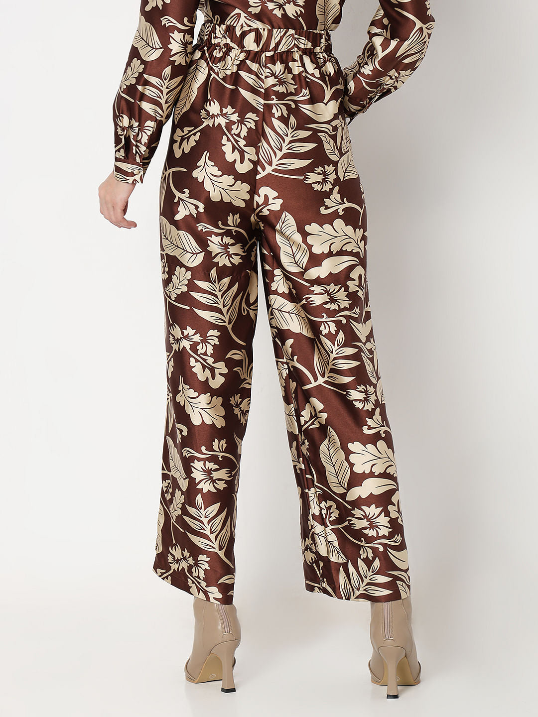 Brown Printed Satin Co-Ord Set Pants