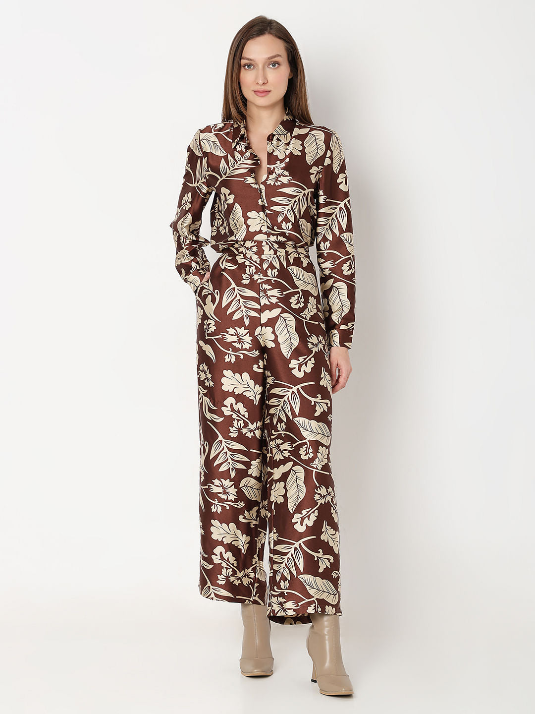 Brown Printed Satin Co-Ord Set Pants