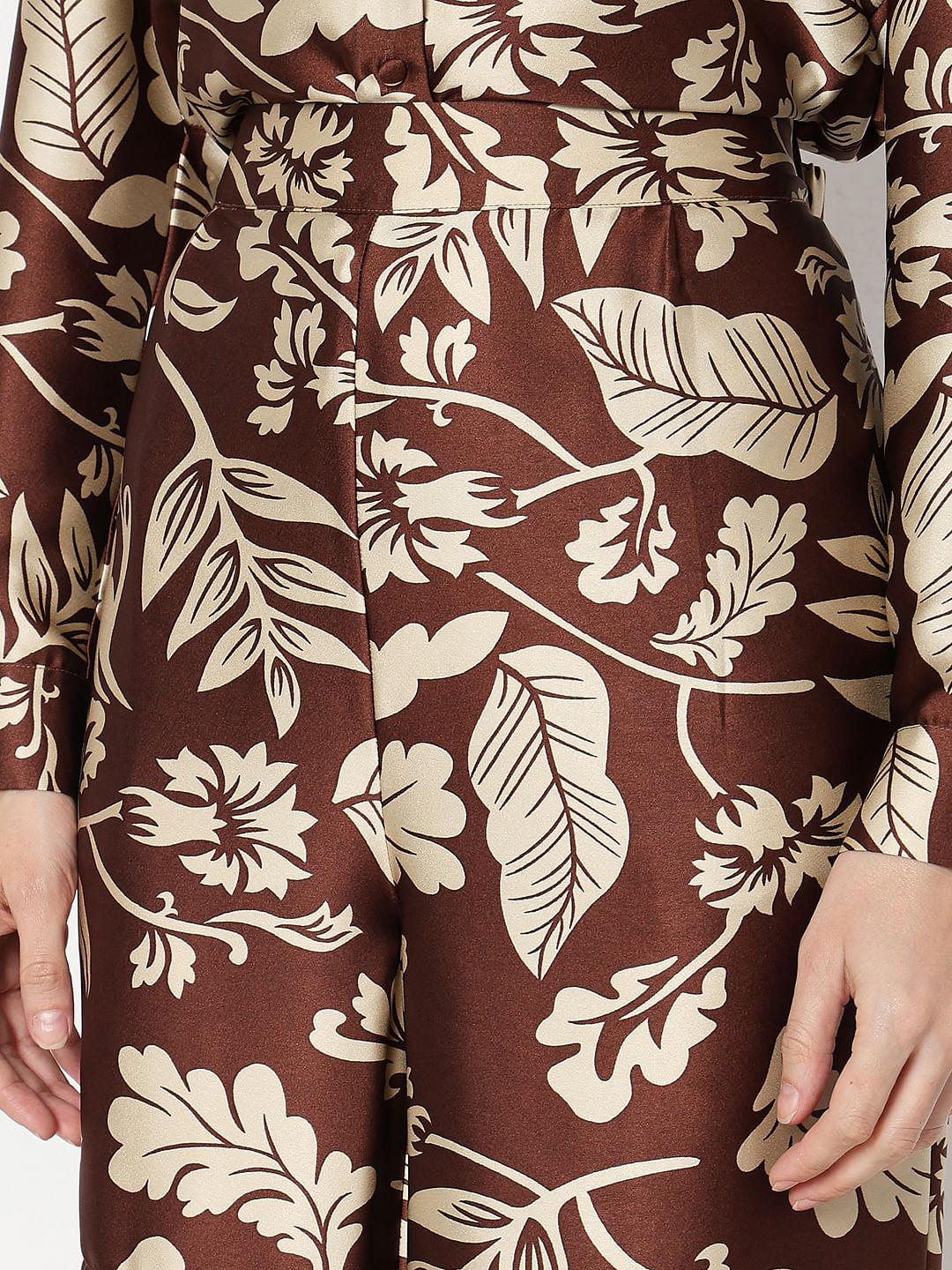 Brown Printed Satin Co-Ord Set Pants