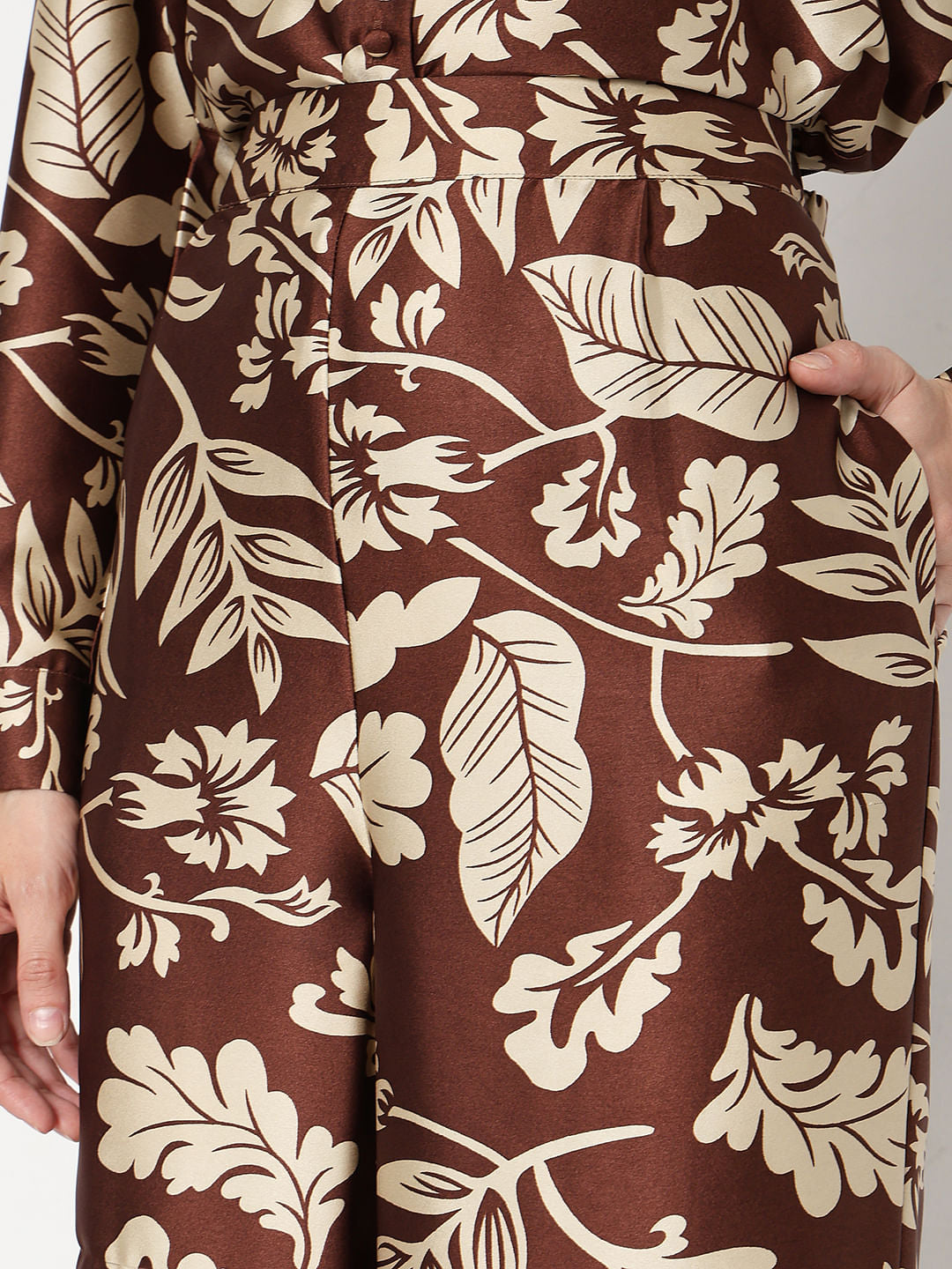 Brown Printed Satin Co-Ord Set Pants