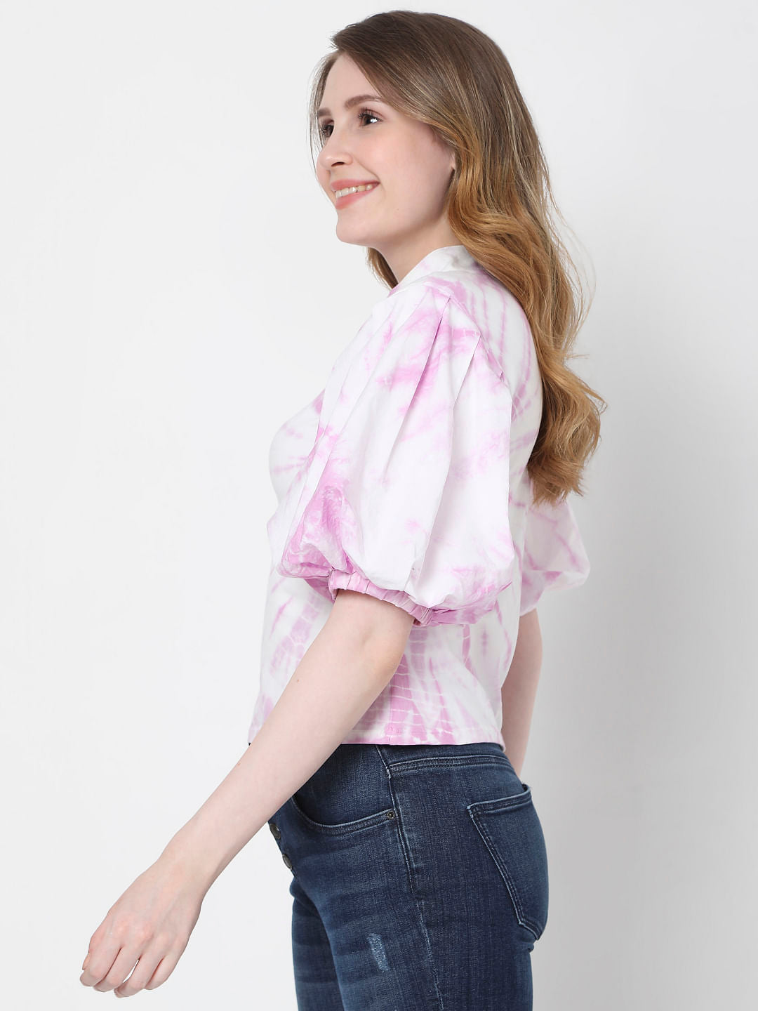 Pink Tie Dye Puff Sleeves Top