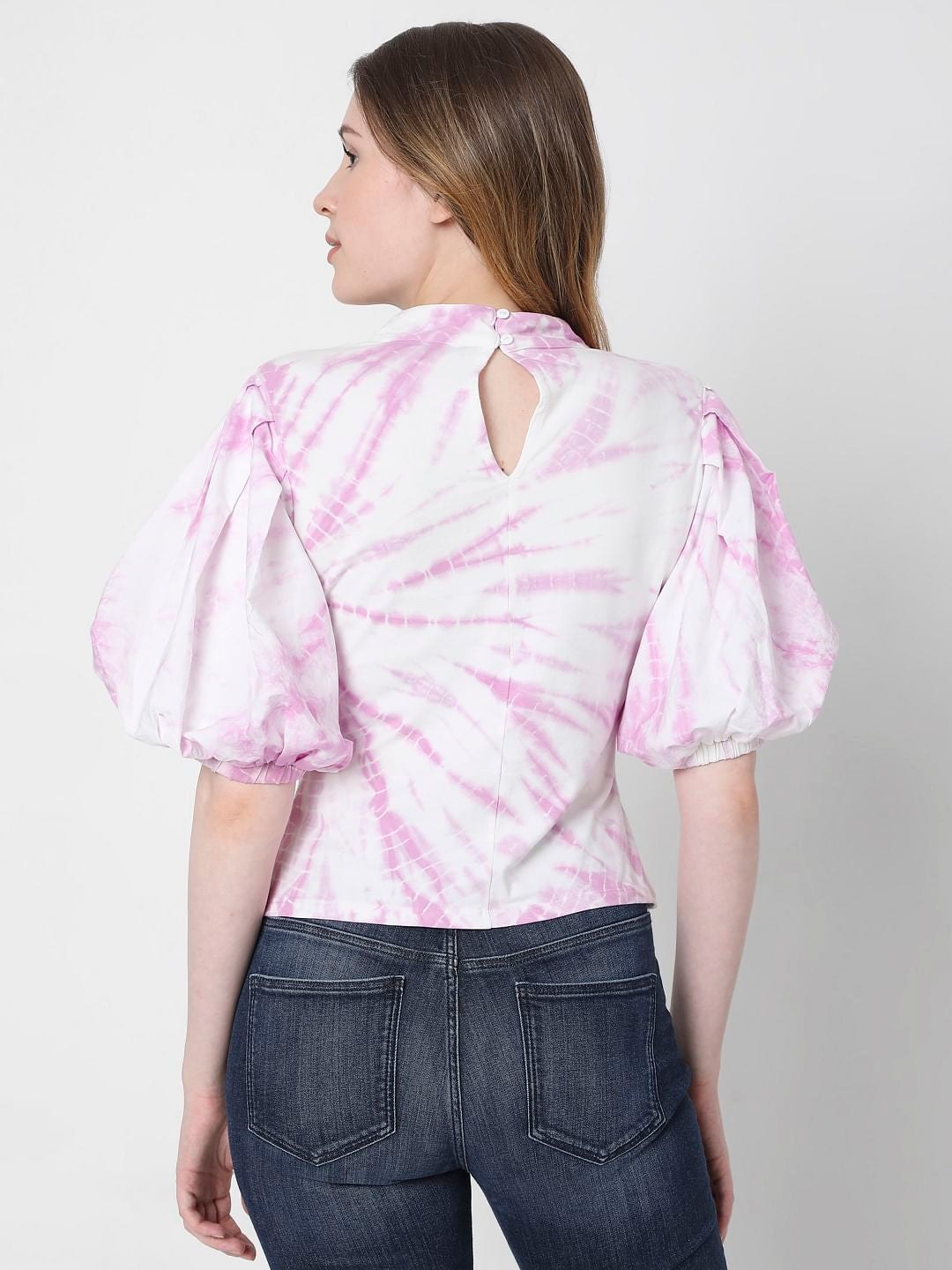 Pink Tie Dye Puff Sleeves Top