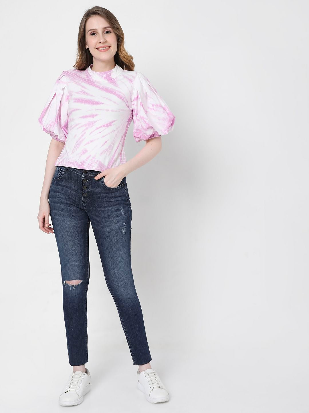 Pink Tie Dye Puff Sleeves Top