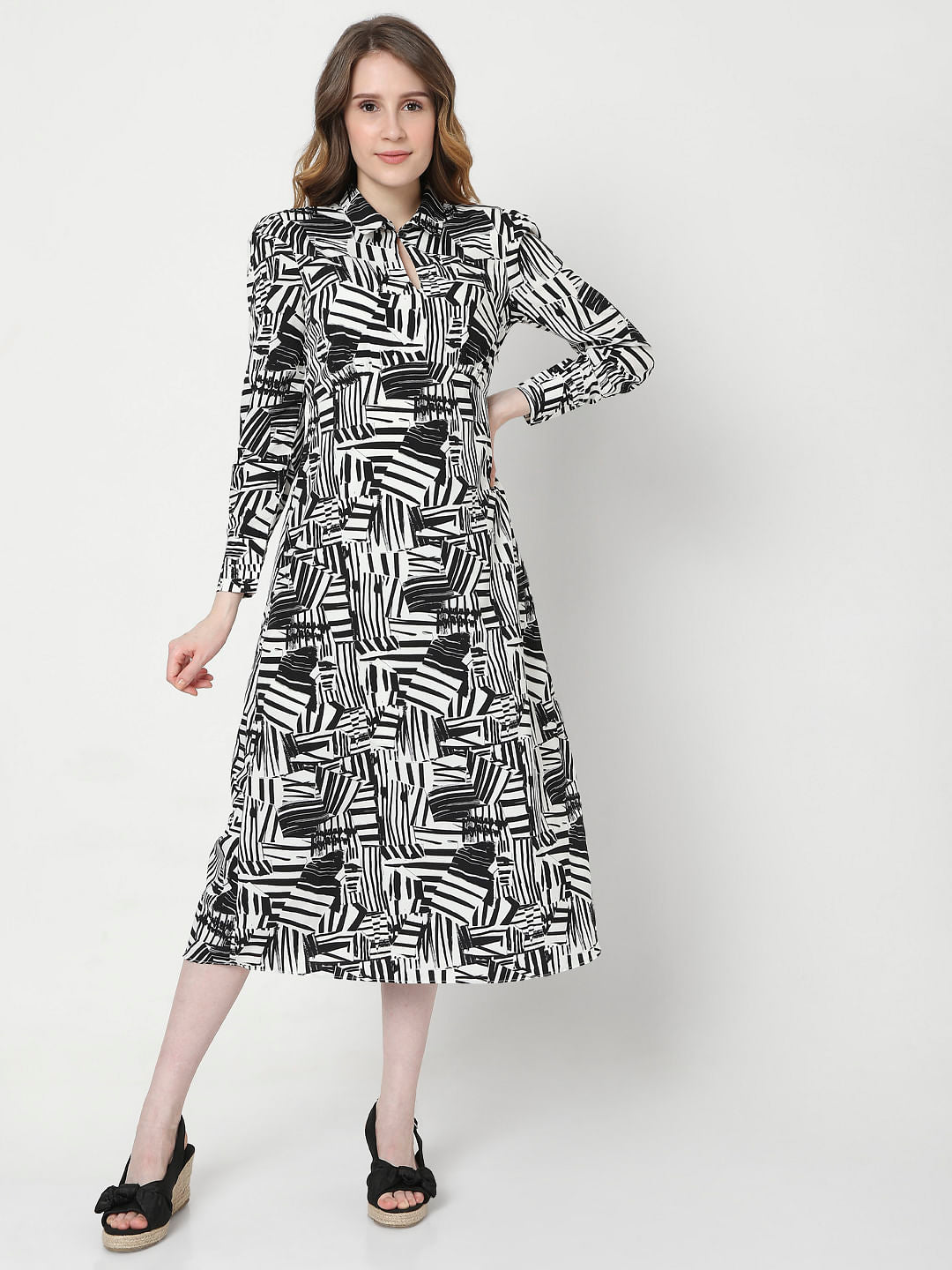 Black&White Abstract Print Midi Dress