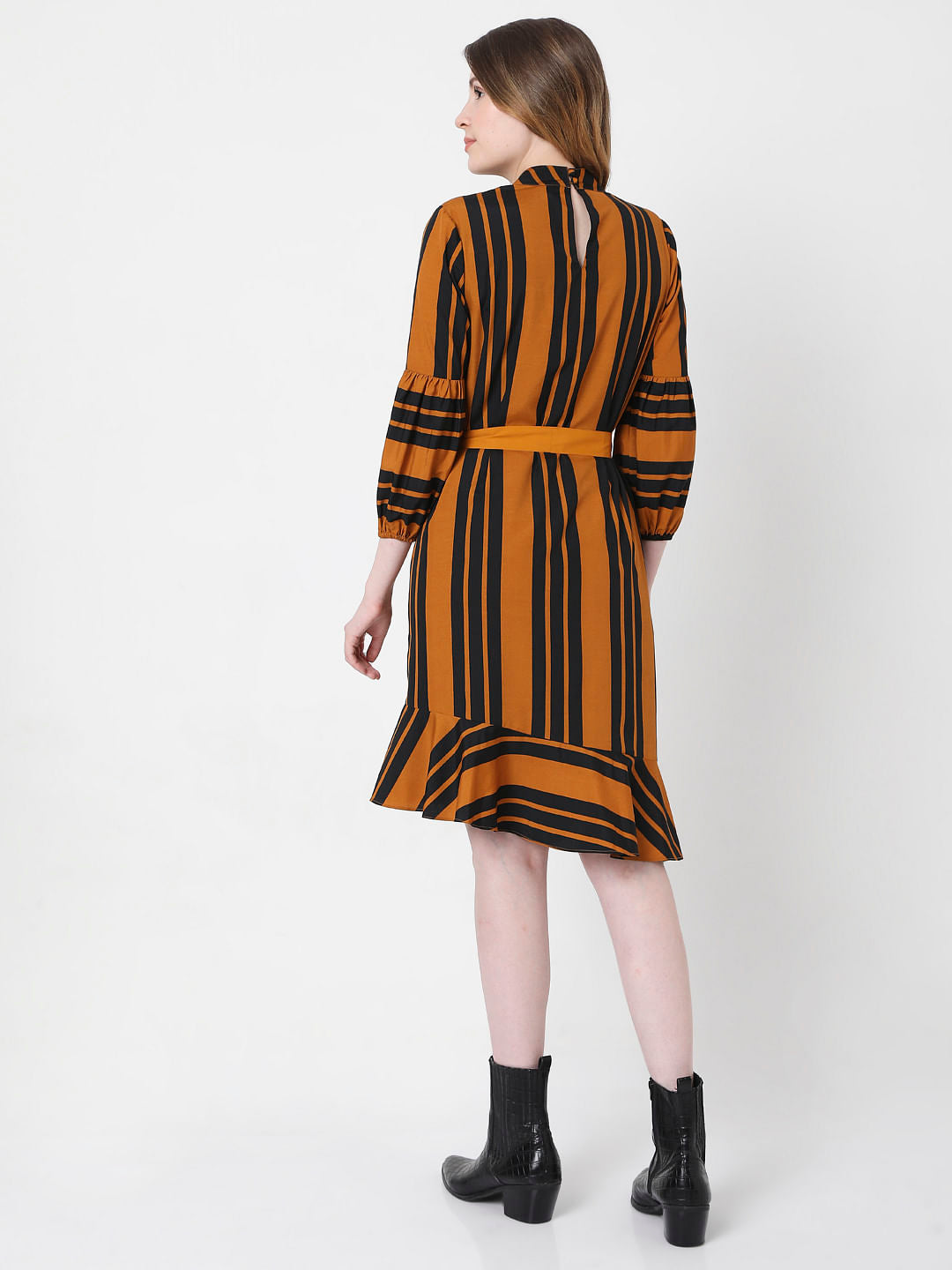 Mustard Striped Fit & Flare Dress