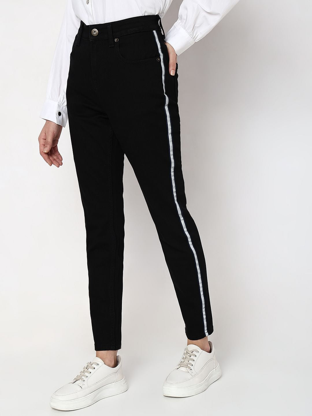 Black High Rise Tape Detail Wendy Skinny Fit Jeans