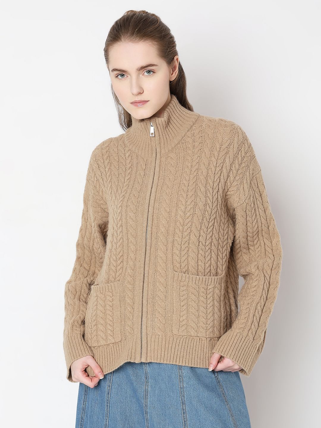 Brown High-Neck Zip Cardigan