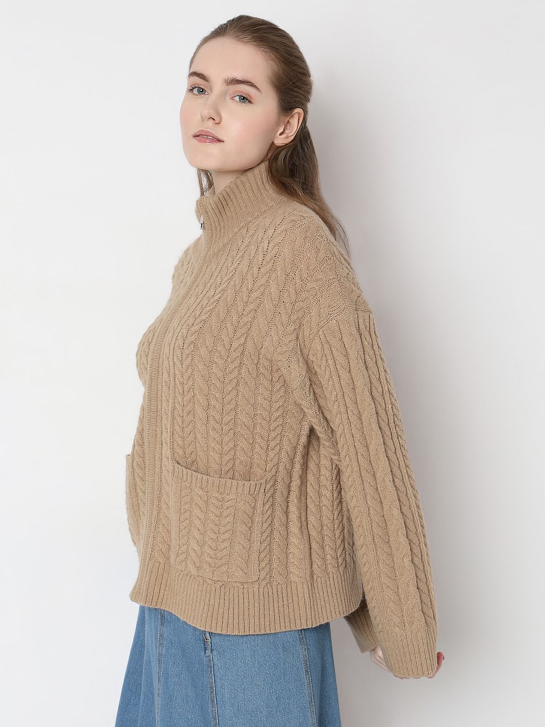 Brown High-Neck Zip Cardigan