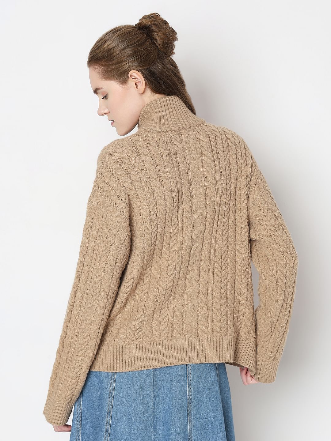 Brown High-Neck Zip Cardigan