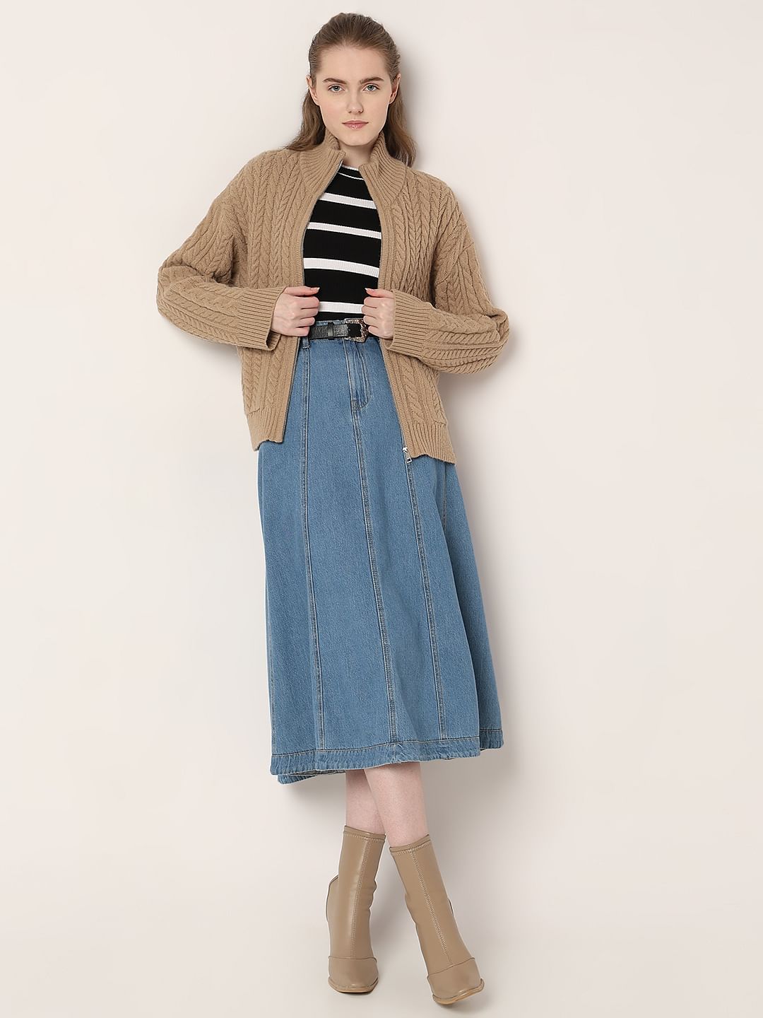 Brown High-Neck Zip Cardigan