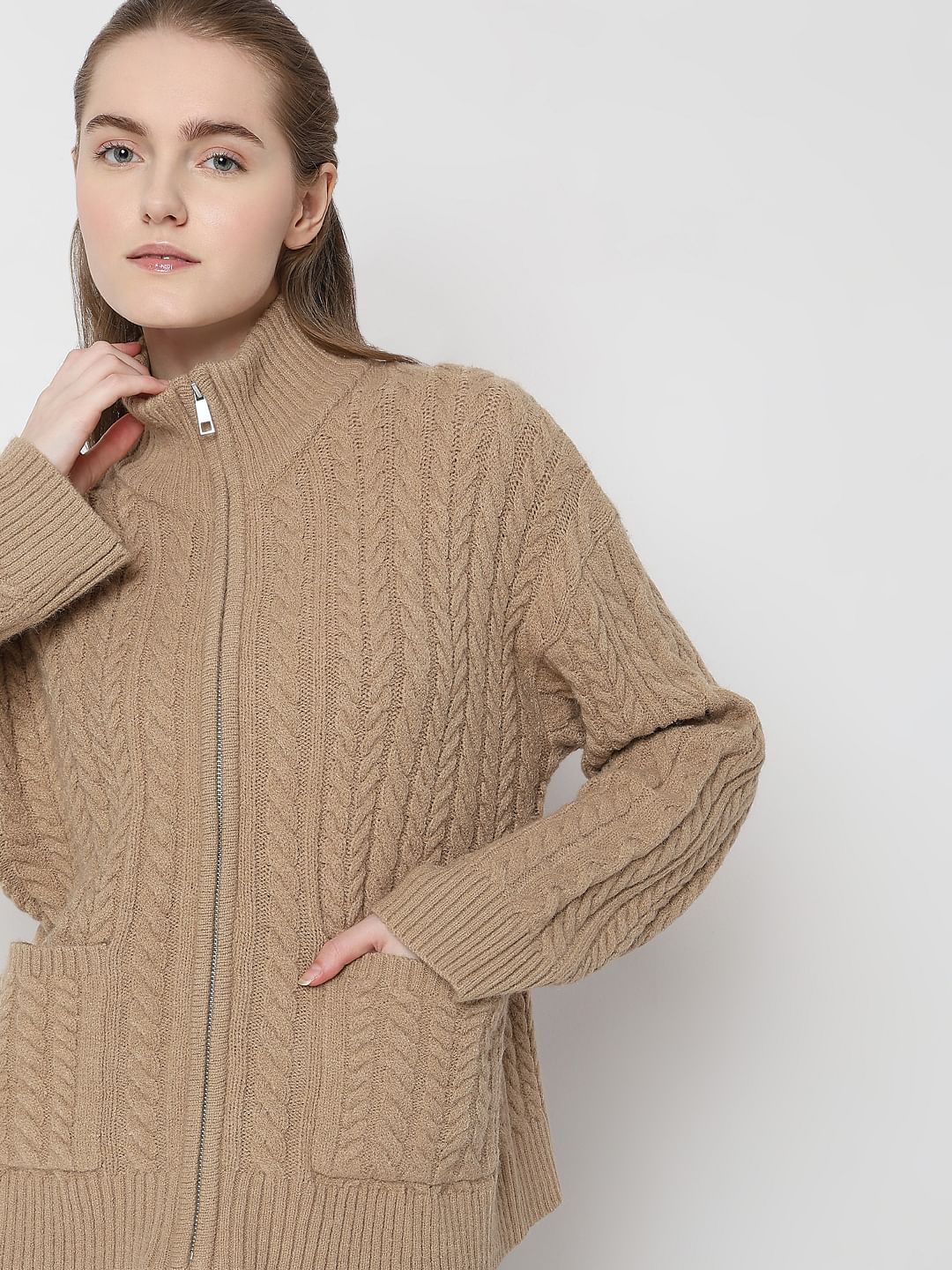 Brown High-Neck Zip Cardigan