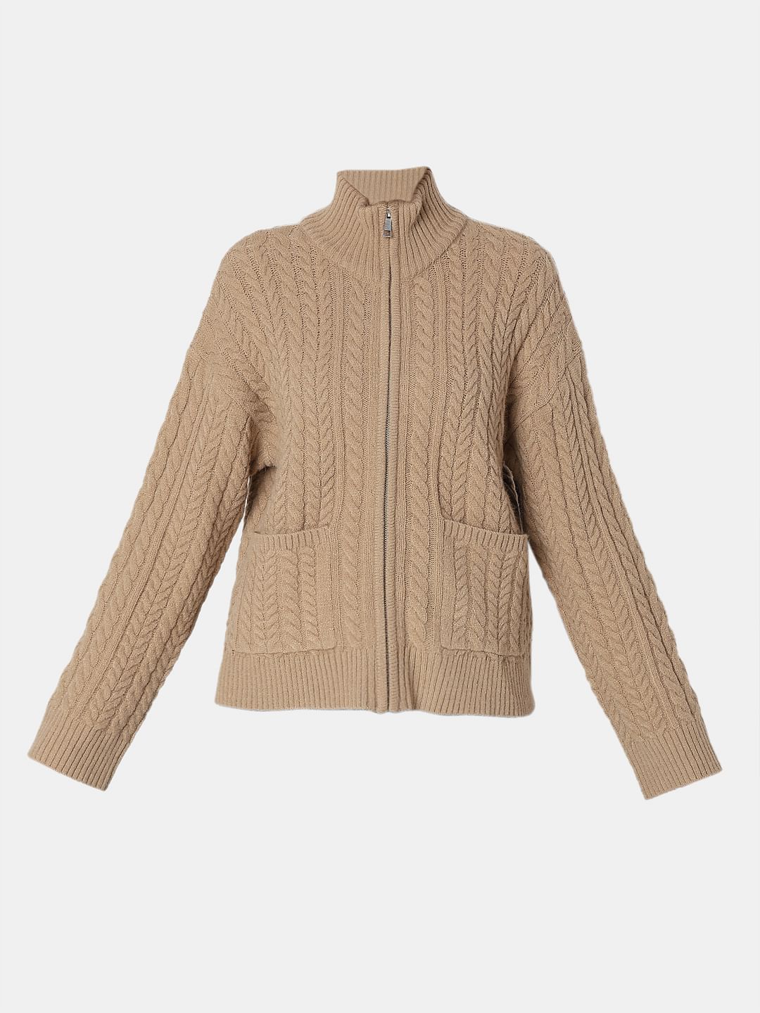 Brown High-Neck Zip Cardigan