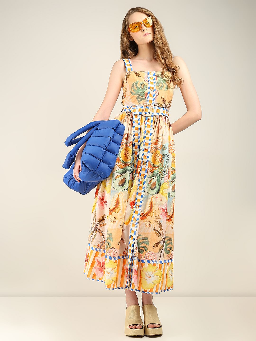 Yellow Tropical Print Midi Dress