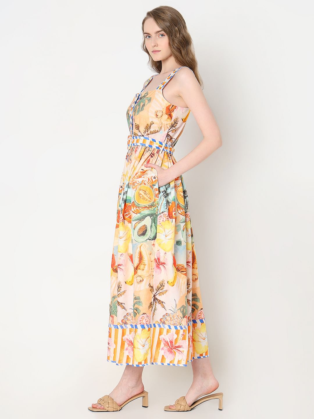Yellow Tropical Print Midi Dress