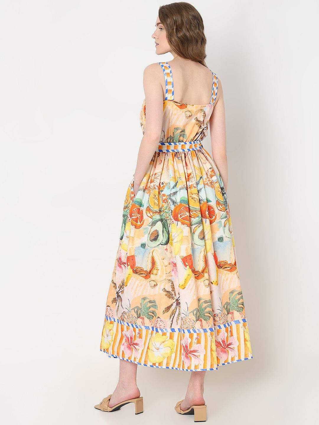 Yellow Tropical Print Midi Dress