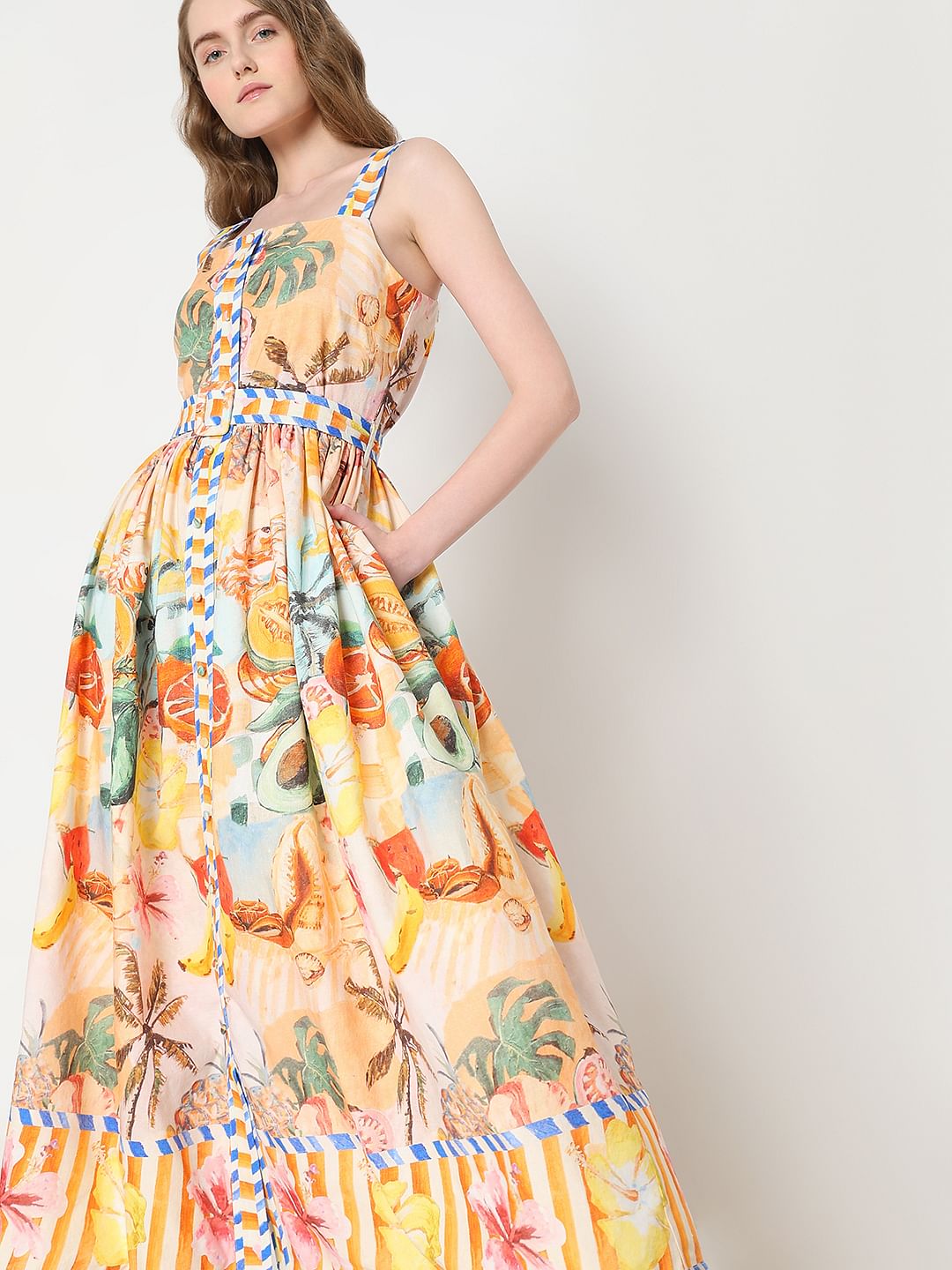 Yellow Tropical Print Midi Dress
