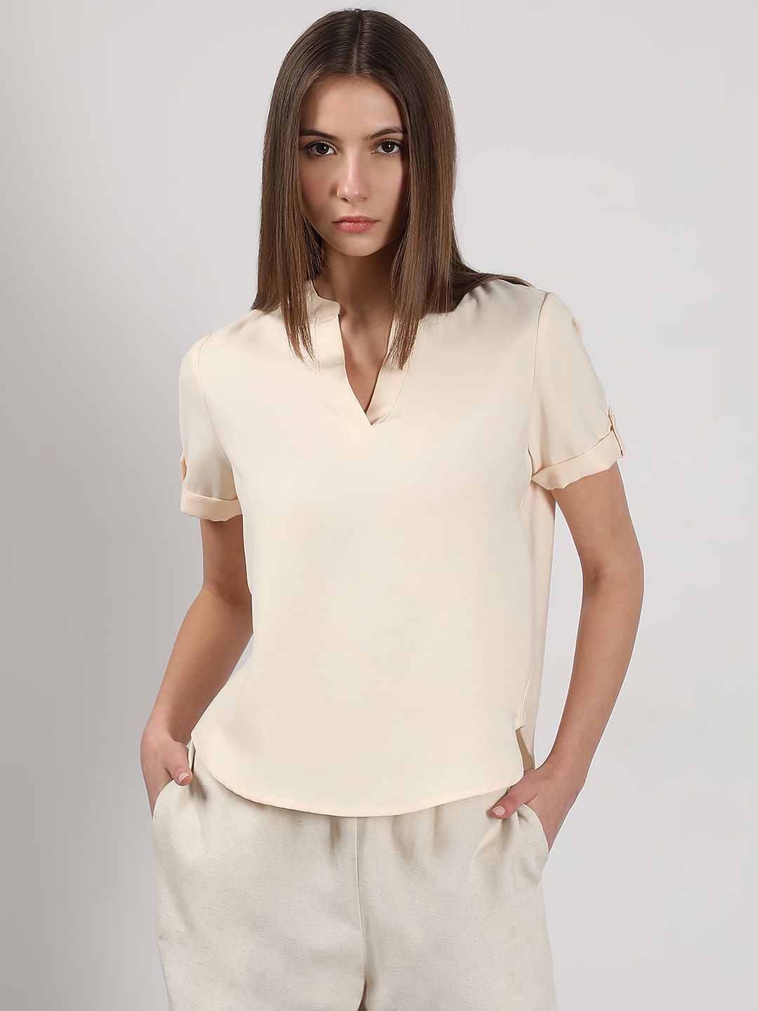 Beige V-Neck Top