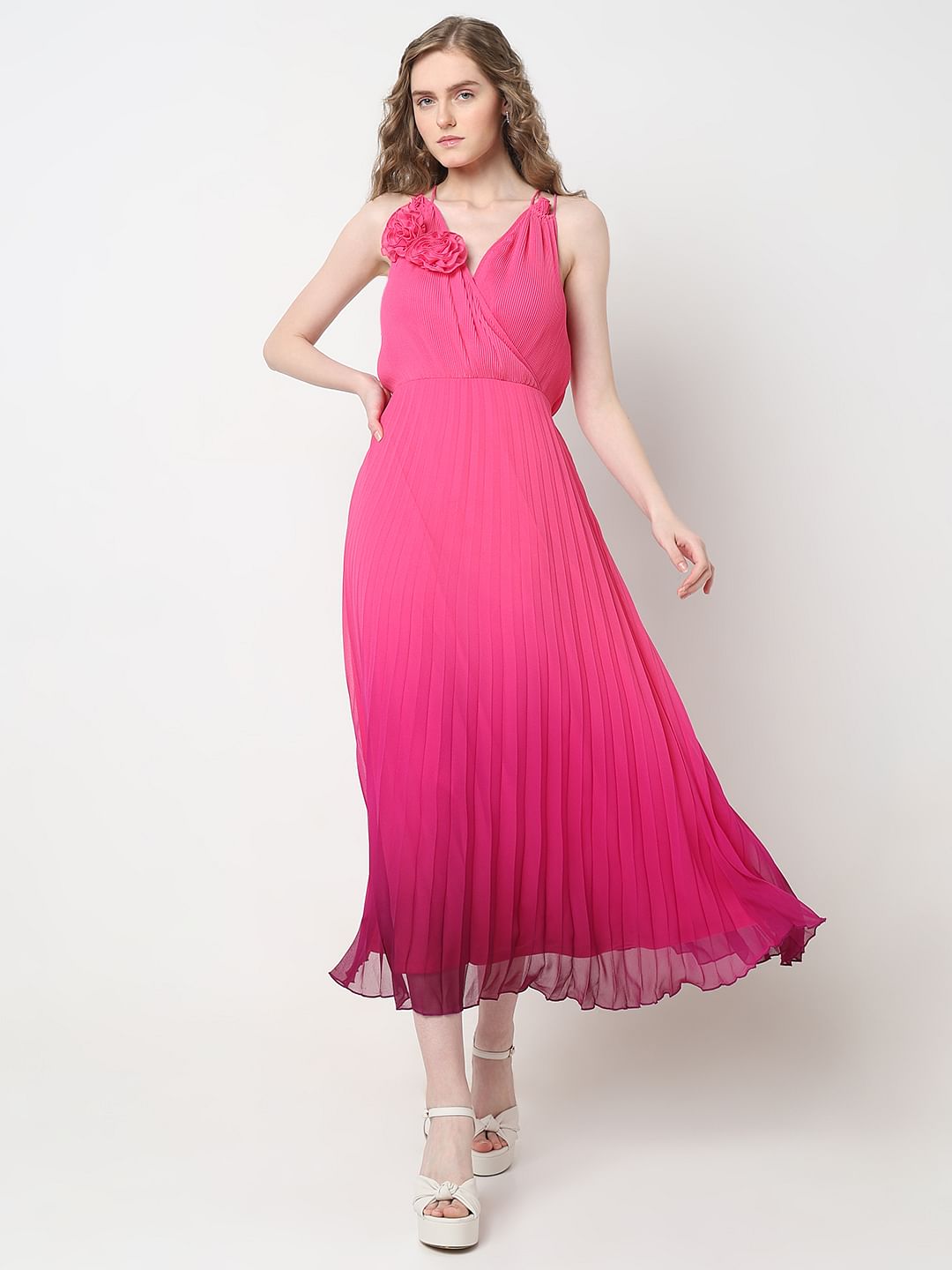 Marquee Pink Ombre Pleated Midi Dress