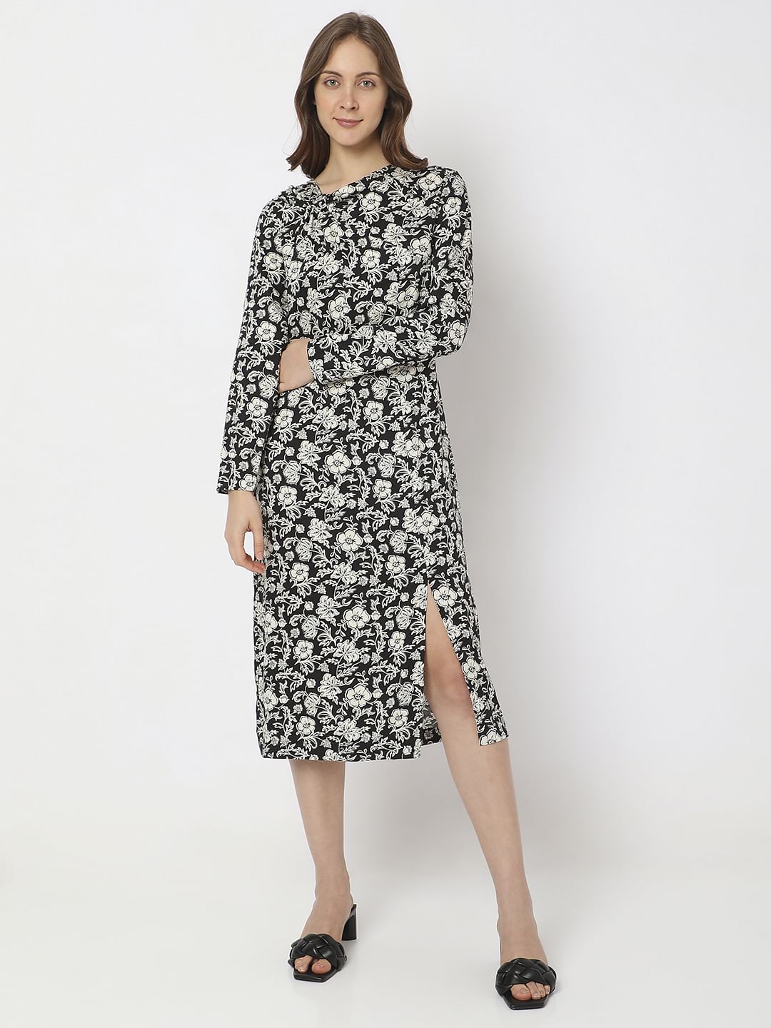 Black Floral Print Midi Dress