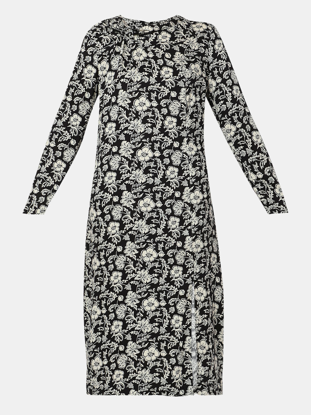 Black Floral Print Midi Dress