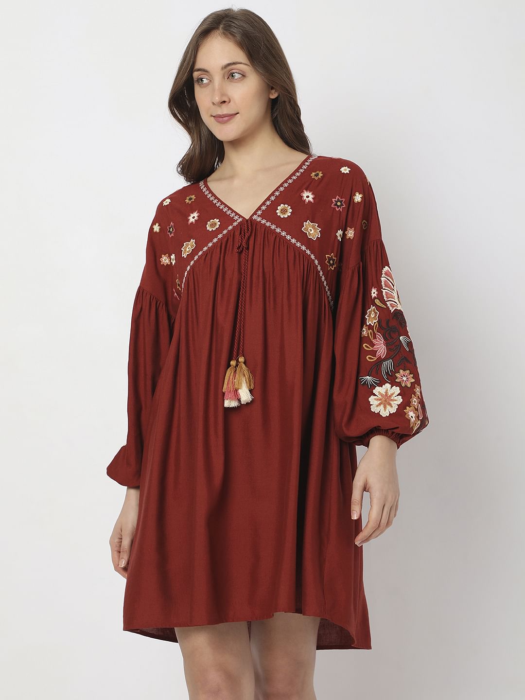 Maroon Embroidered Mini Dress