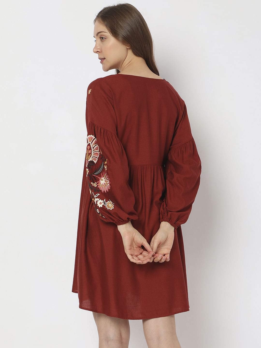 Maroon Embroidered Mini Dress