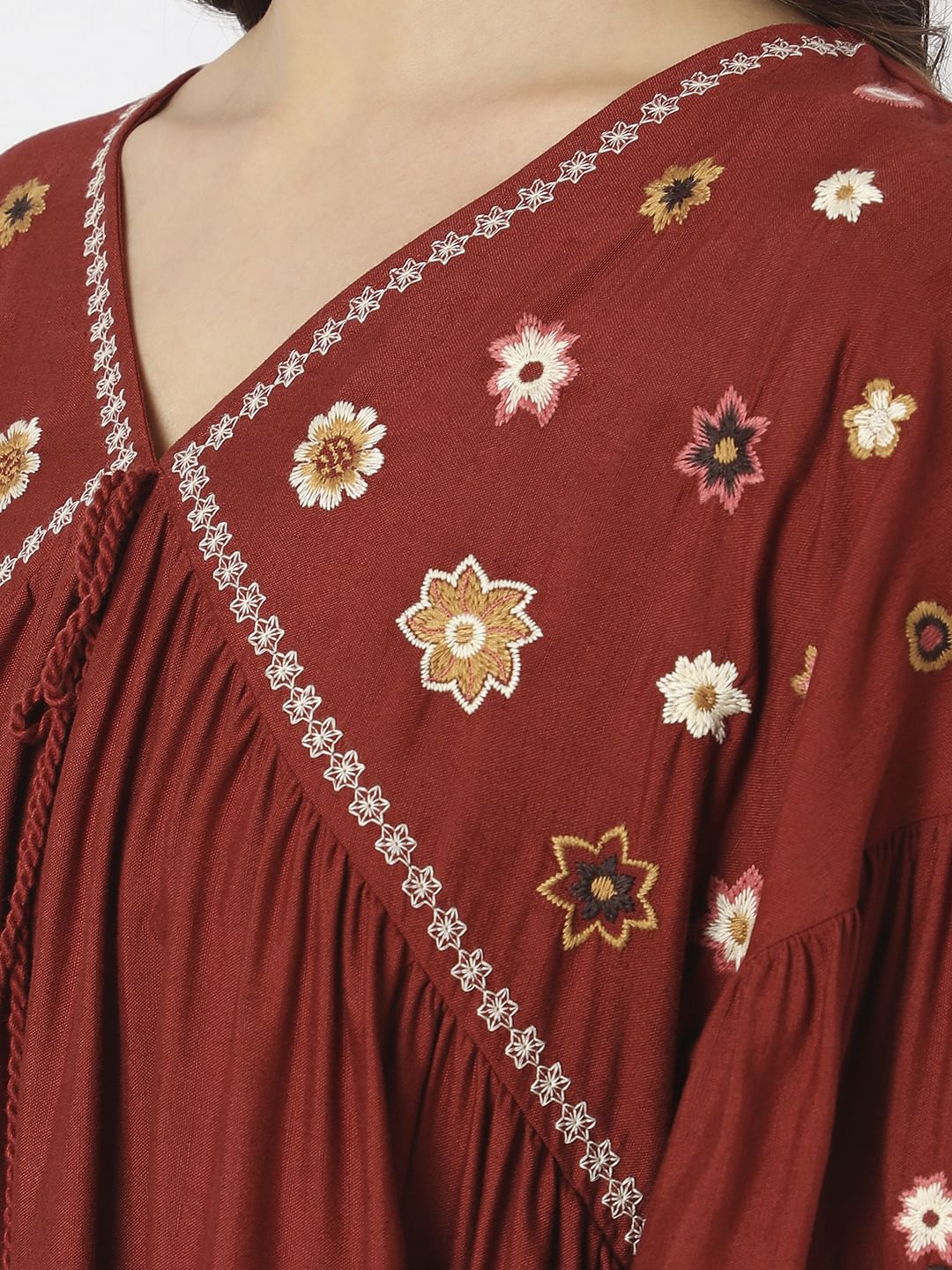 Maroon Embroidered Mini Dress