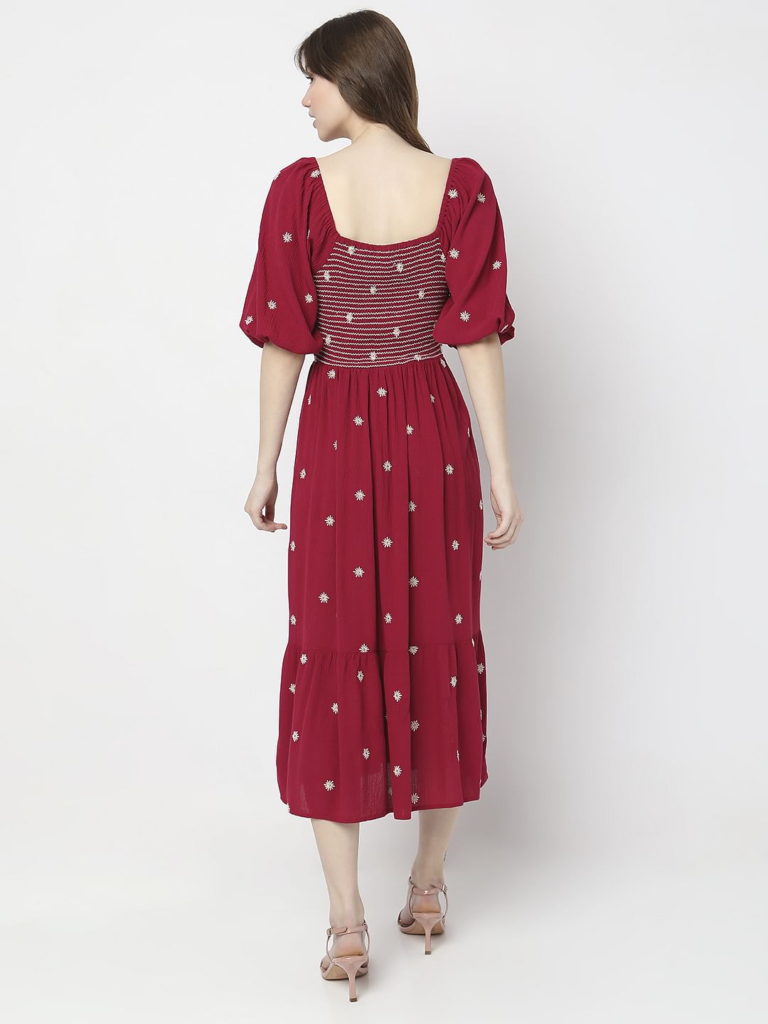 Red Floral Embroidered Midi Dress