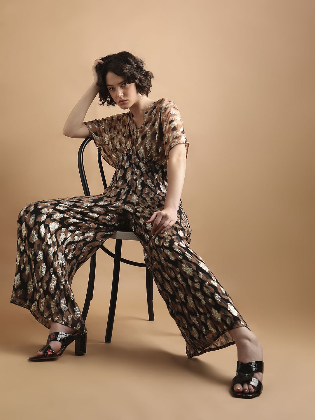 Black & Brown Printed Georgette Jumpsuit