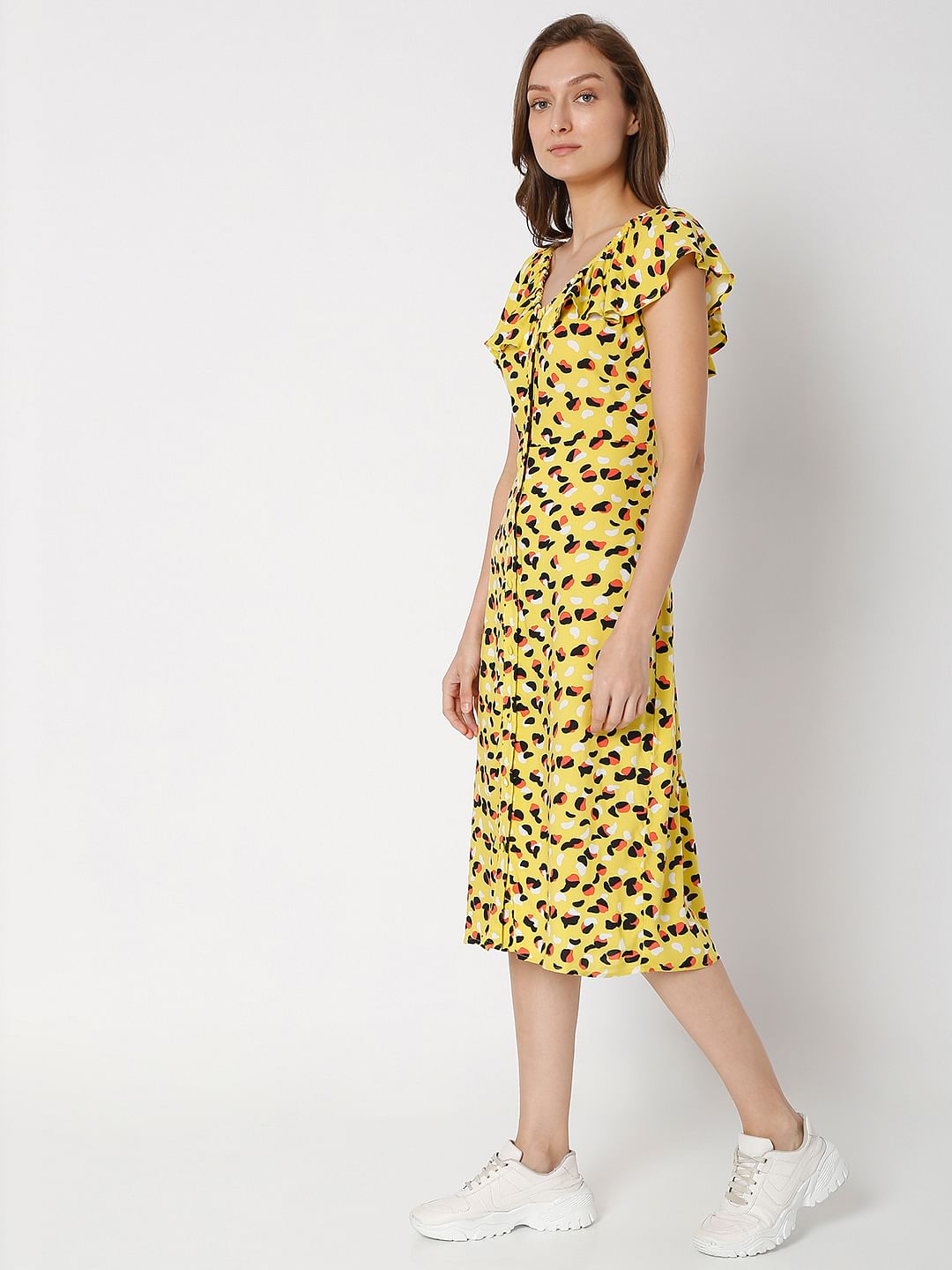 Yellow All Over Print Midi Dress