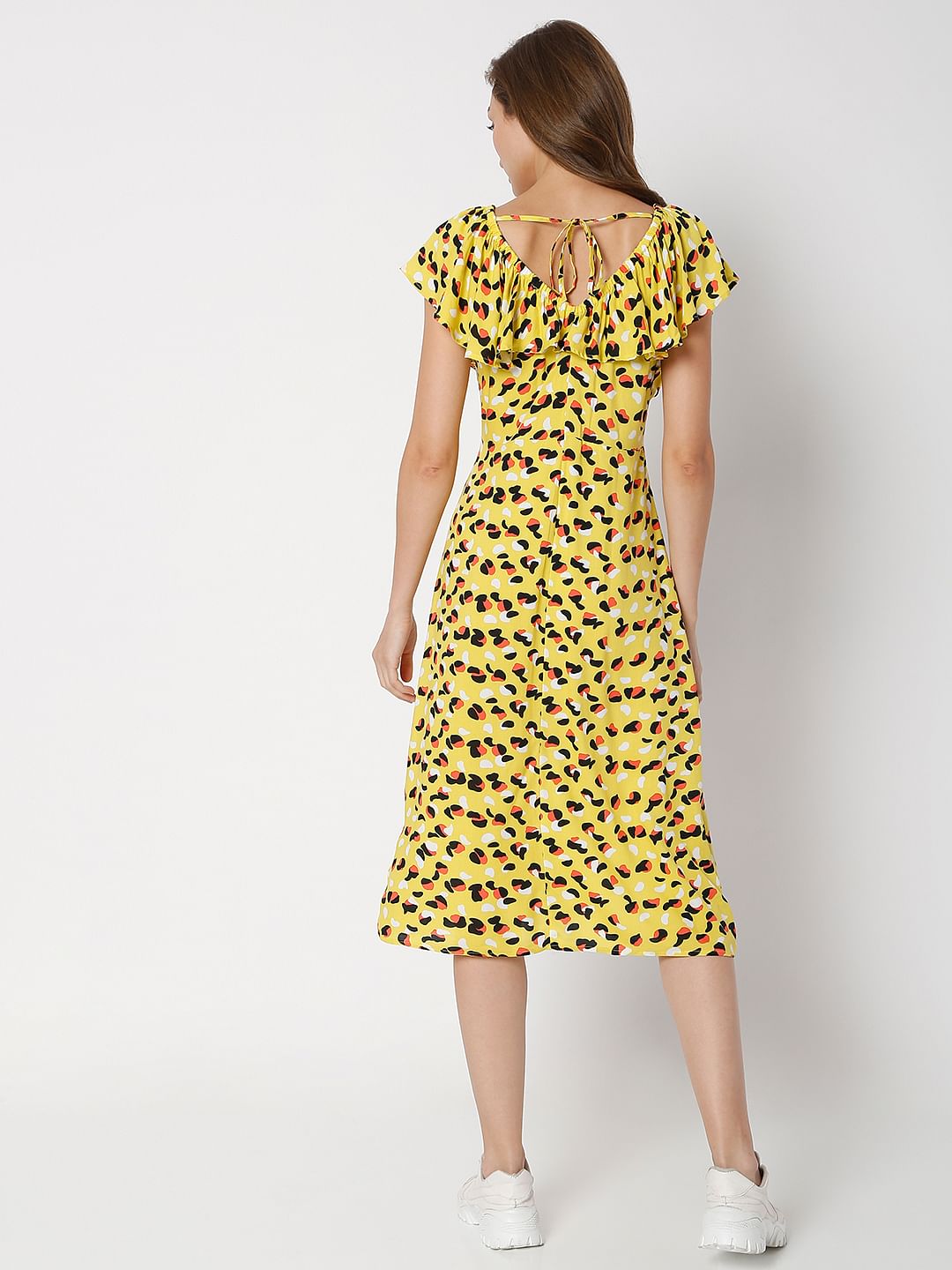 Yellow All Over Print Midi Dress