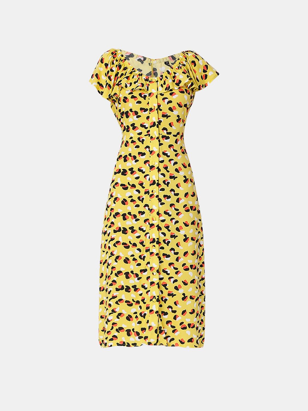 Yellow All Over Print Midi Dress