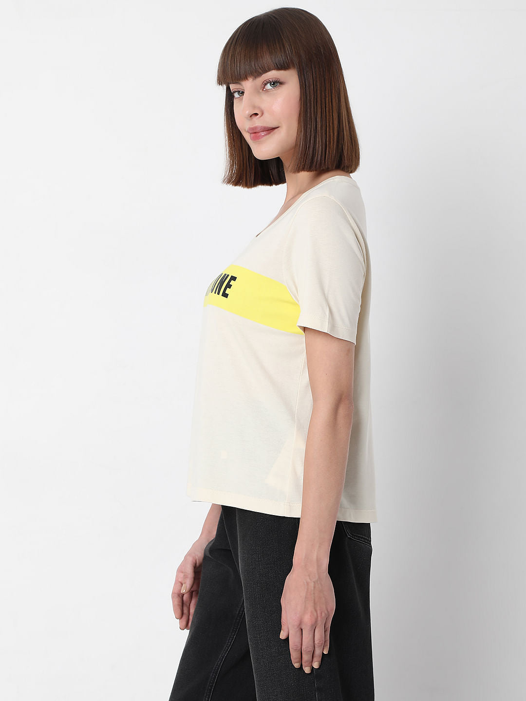 Beige Slogan Print T-Shirt