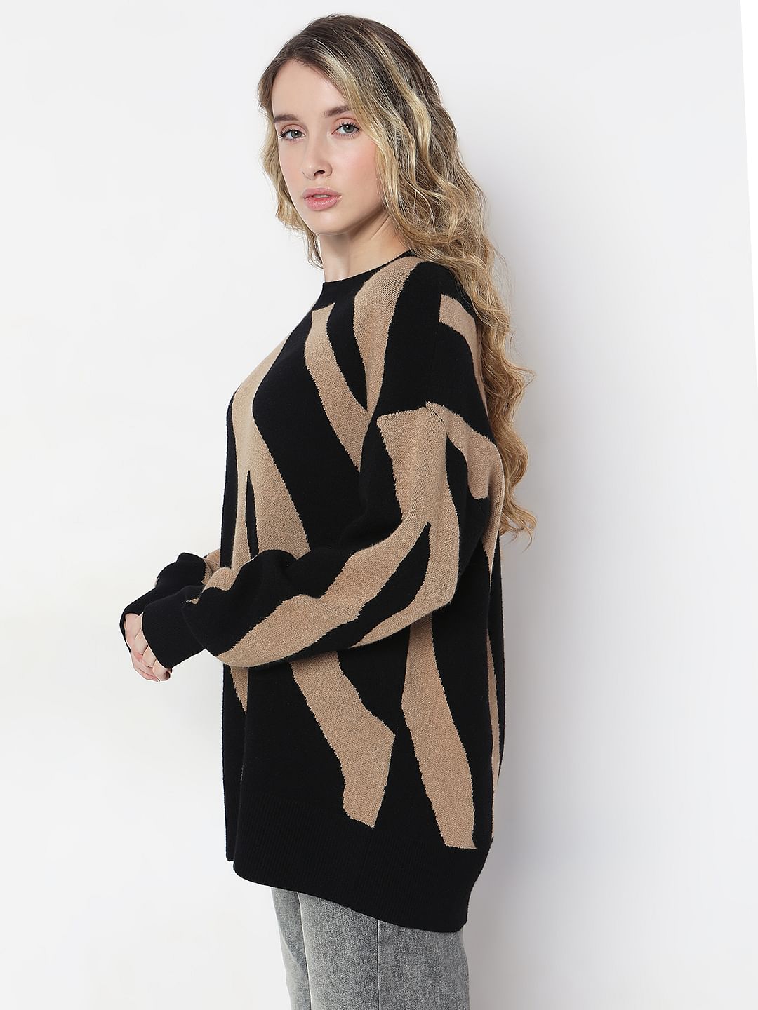 Black Abstract Print Long Pullover