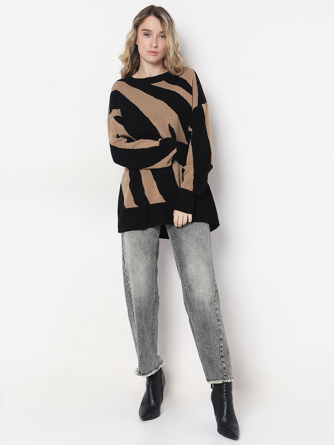 Black Abstract Print Long Pullover