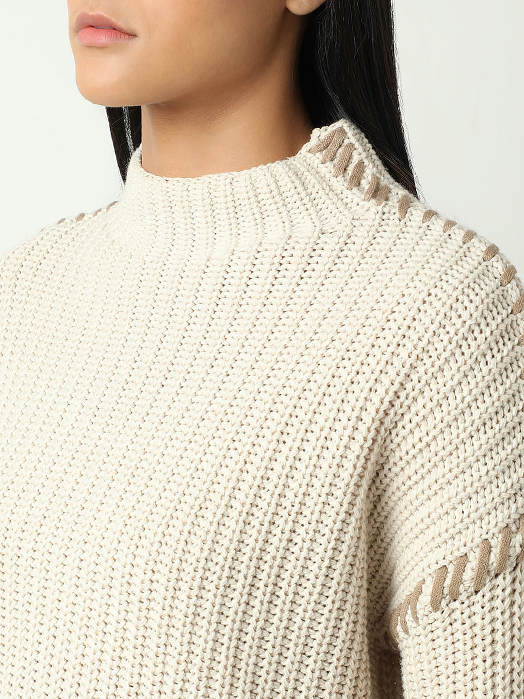 White Funnel Neck Pullover