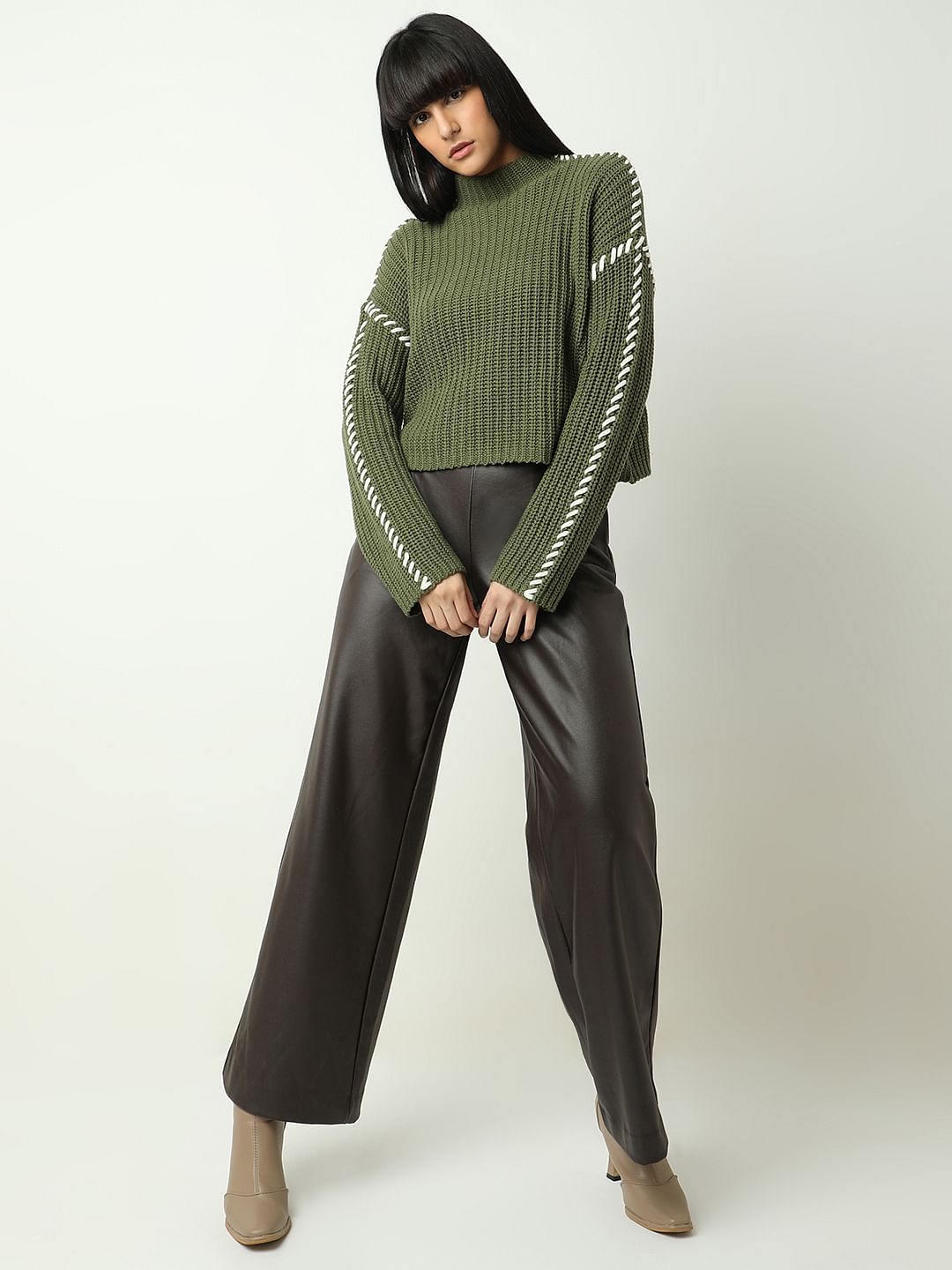 Green Funnel-Neck Pullover