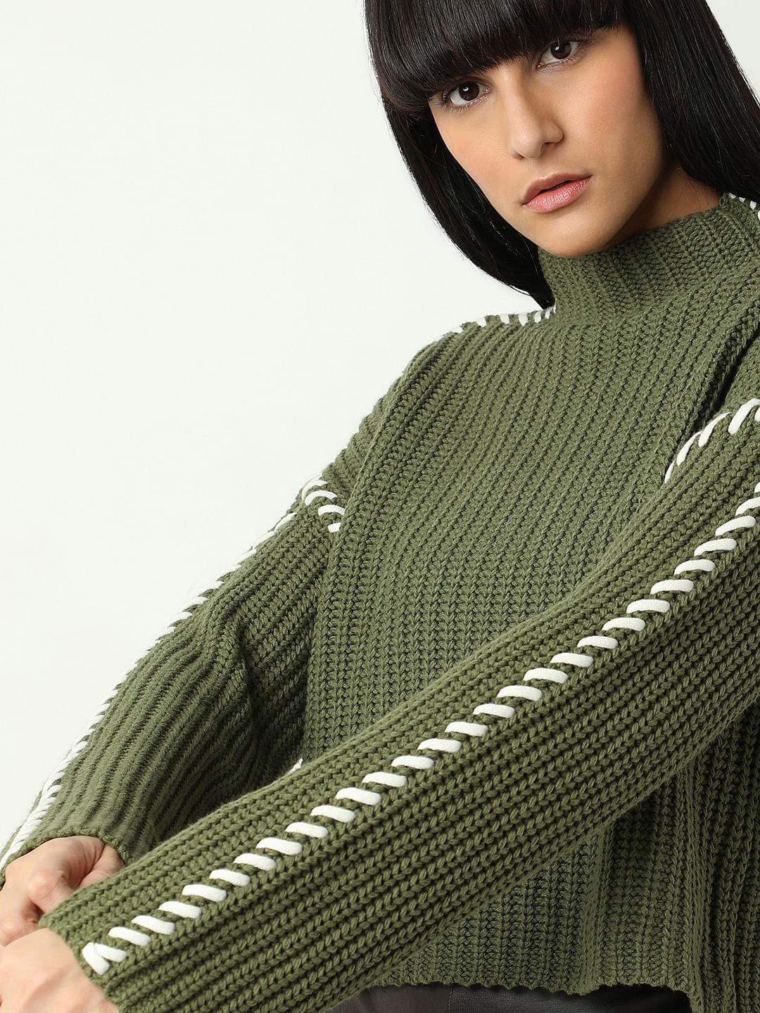 Green Funnel-Neck Pullover
