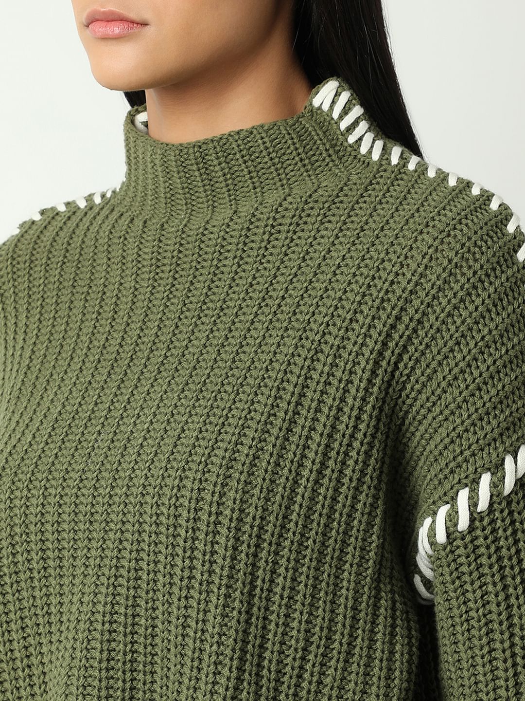 Green Funnel-Neck Pullover