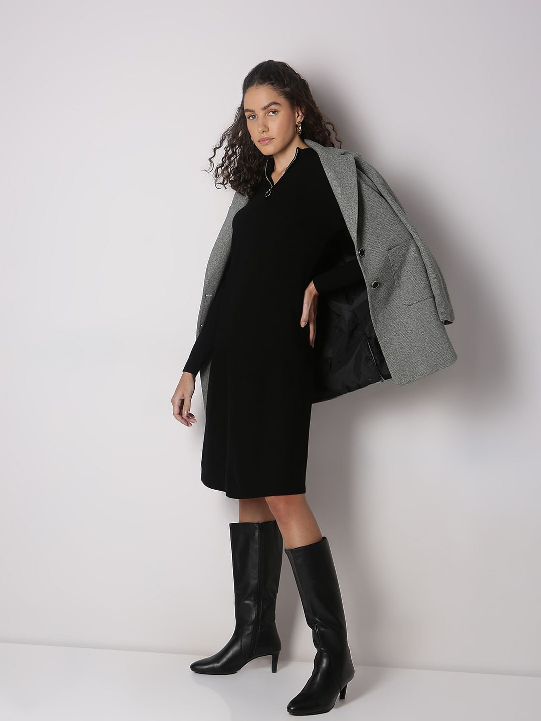 BLACK ZIP-NECK DRESS
