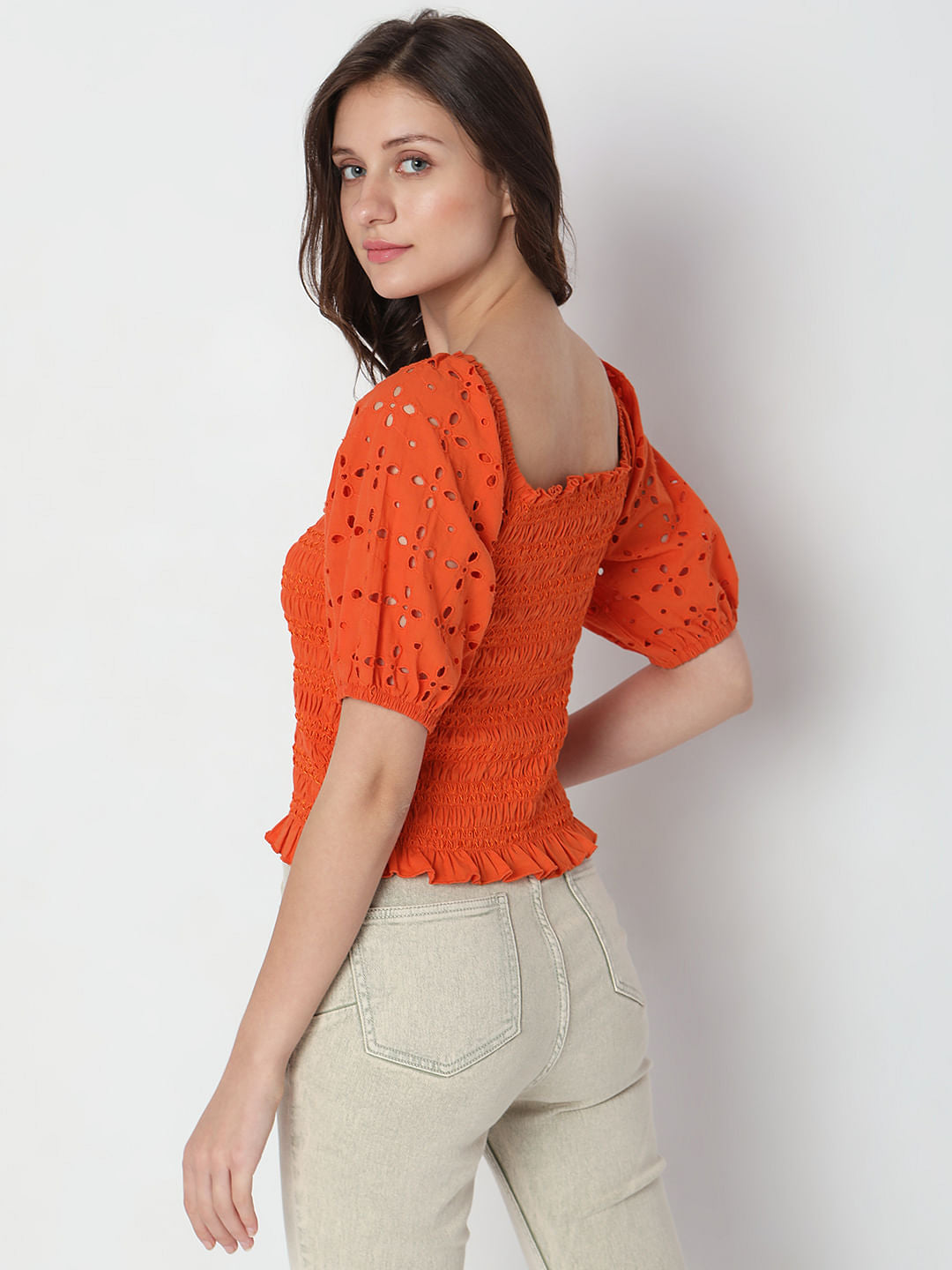 Rust Smocked Schiffli Top