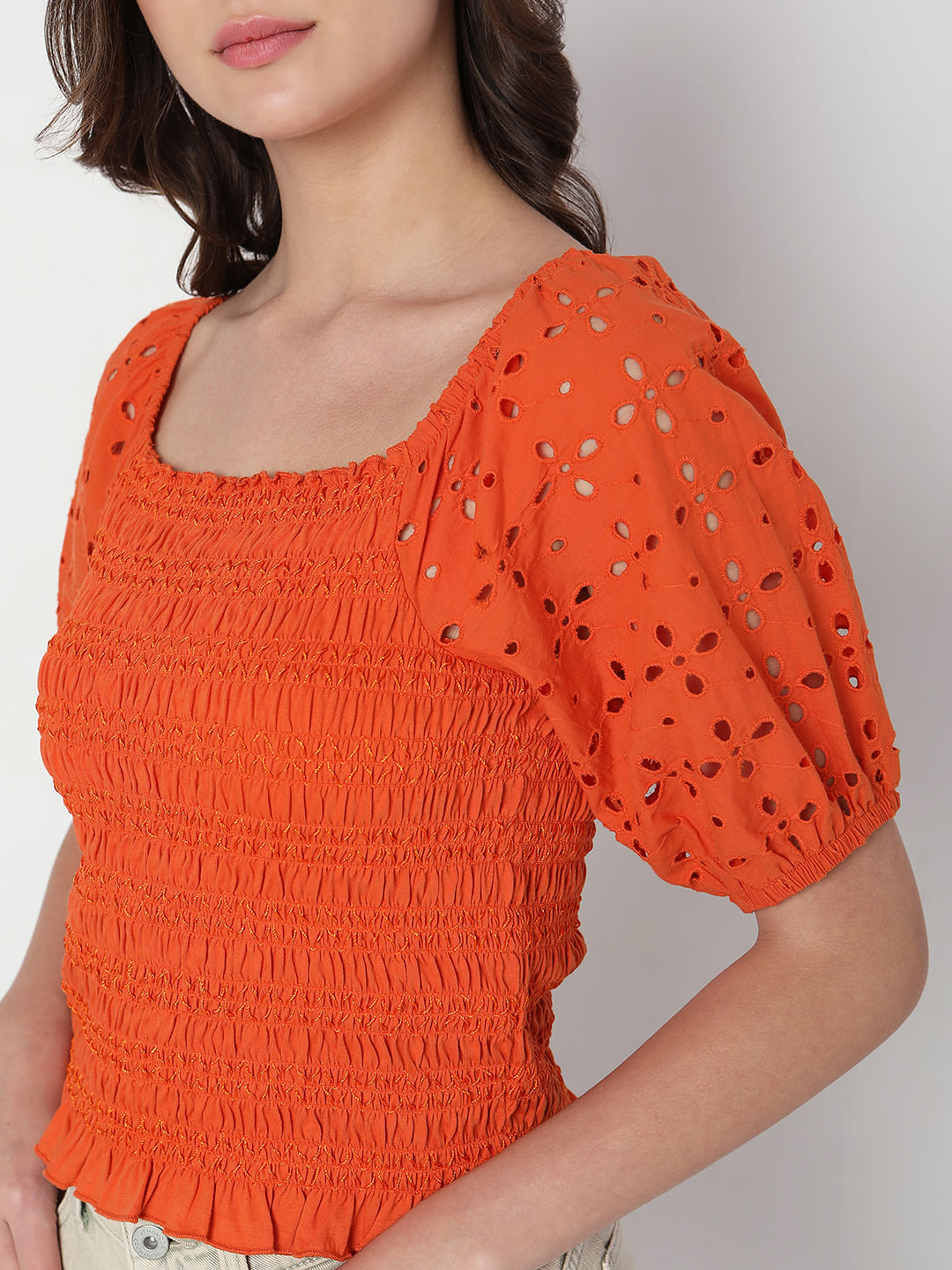 Rust Smocked Schiffli Top