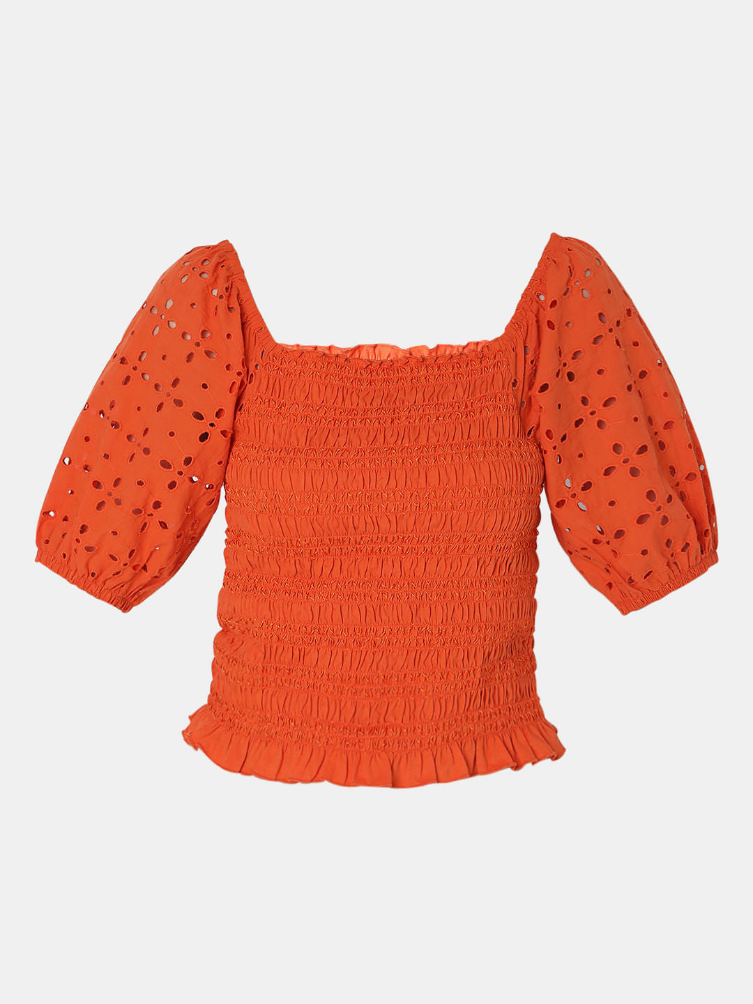 Rust Smocked Schiffli Top